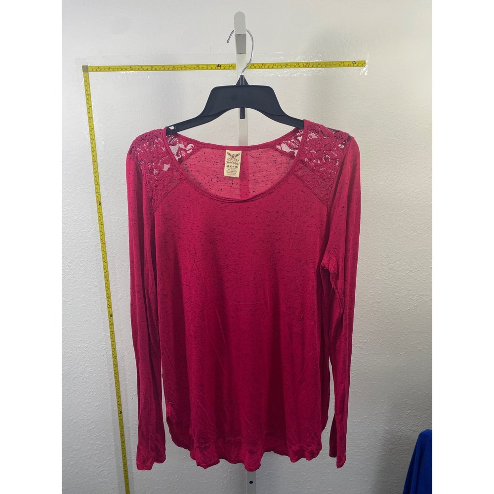 Faded Glory Womens XL Red Lace Shoulder Long Sleeve Space Dye Scoop Neck Top - Picture 2 of 4